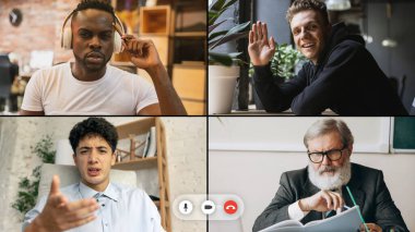 Kolaj. Grup video konferansında çalışan bir grup genç öğrenci ve yaşlı profesör, öğretmen. Çevrimiçi eğitim,