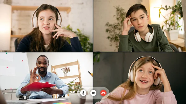 Collage. Groupe de 3 enfants, étudiants étudiant par vidéoconférence de groupe, utiliser la vidéoconférence entre eux et l'enseignant. — Photo