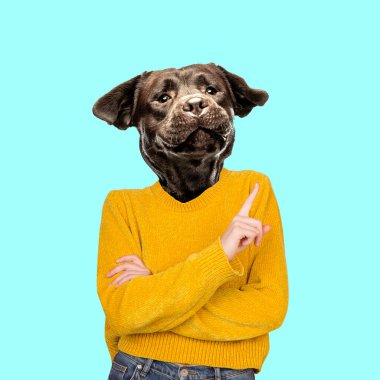 Modern tasarım, çağdaş sanat kolajı. İlham, fikir, modaya uygun şehir dergisi tarzı. Köpeklerin başı olan genç kadın.