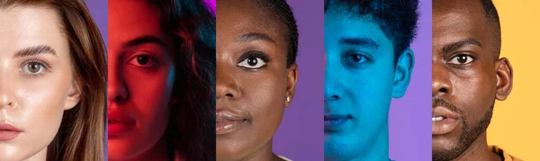 Обрізані портрети групи молодих людей на різнокольоровому тлі в неоновому світлі. Колаж з 5 чоловічих і жіночих моделей — стокове фото