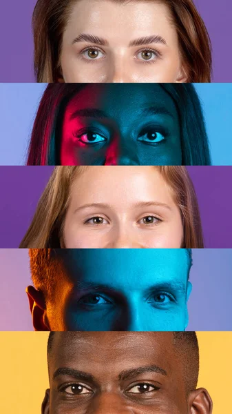 Vertikale Collage offener Augen junger multiethnischer Männer und Frauen auf buntem Hintergrund. Konzept von Jugend, Einheit, Gleichheit und Vielfalt — Stockfoto