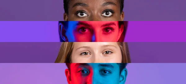 Κολάζ κοντινών αρσενικών και θηλυκών ματιών που απομονώνονται σε χρωματιστά backgorund με χώρο αντιγραφής για διαφημίσεις. Πολύχρωμες ρίγες. Έννοια της ισότητας — Φωτογραφία Αρχείου