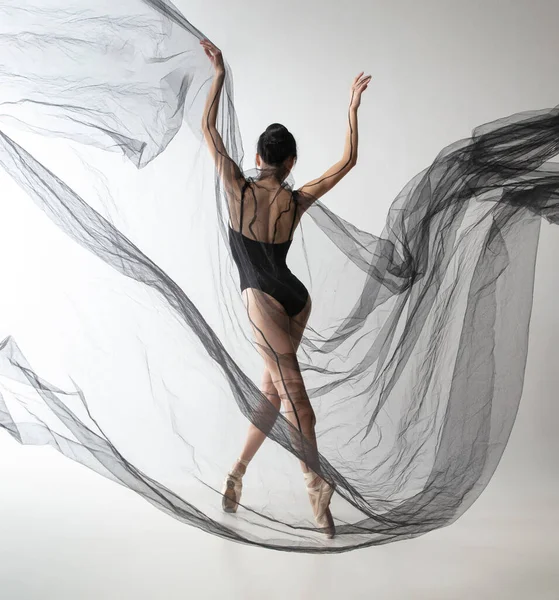 Ritratto di giovane adorabile ballerina giapponese che balla con tessuto trasparente, ragnatela nera isolata su sfondo grigio chiaro da studio. Bellezza, line art, concetto di emozioni. — Foto Stock