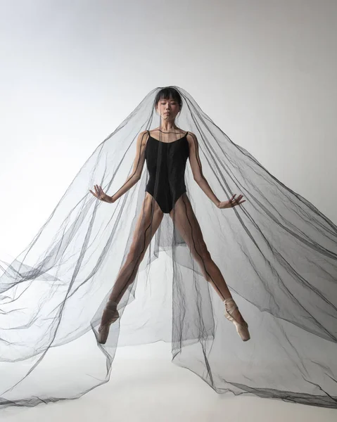 Retrato de una joven bailarina japonesa adorable bailando con tela transarente, telaraña negra aislada sobre fondo de estudio gris claro. Belleza, arte de línea, concepto de emociones. — Foto de Stock