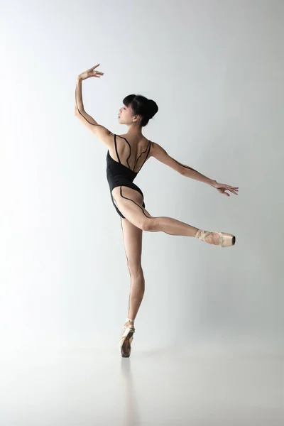 优美芭蕾舞演员的全长肖像，芭蕾舞演员在浅灰的工作室背景下独立跳舞。艺术、运动、动作、灵活性、灵感概念. — 图库照片