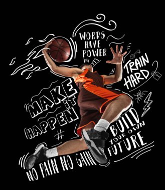 Sportif genç adam, hareket halindeki erkek basketbolcu ve topla hareket eden hareket beyaz harflerle, çizimlerle ve çizimlerle siyah zemin üzerinde izole edilmiş.