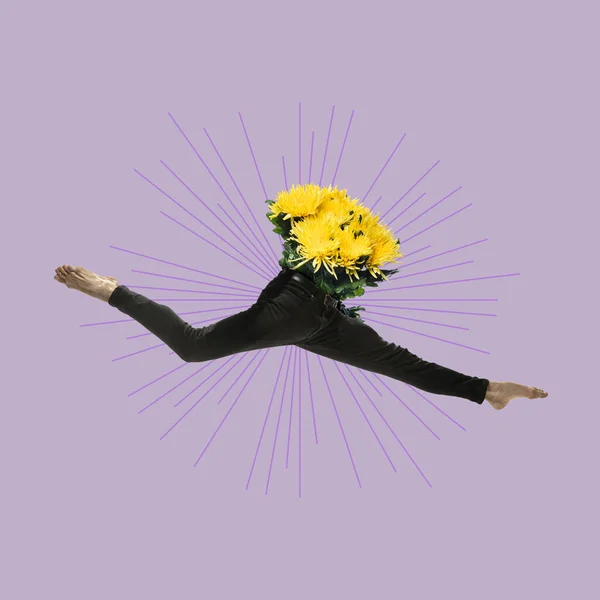 Samtida konstcollage, design. Inspiration, idé, fantasi, tidningsstil. Man graciösa balett dansare ben och bukett av gula blommor på ljus bakgrund — Stockfoto