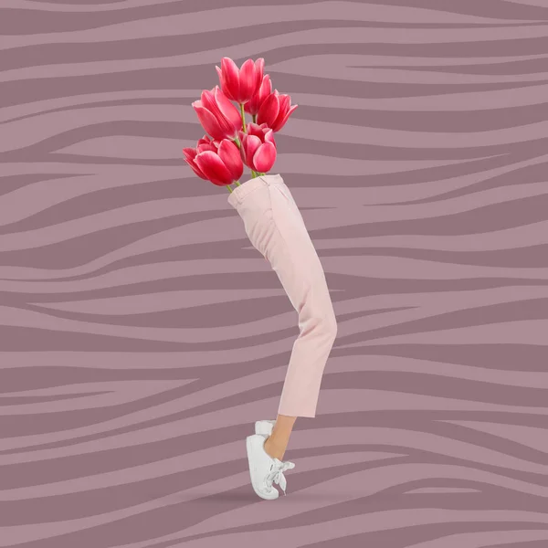 現代美術のコラージュ、デザイン。インスピレーション、アイデア、想像力、雑誌のスタイル。女性の体、足と光の背景に赤い花の花束 — ストック写真