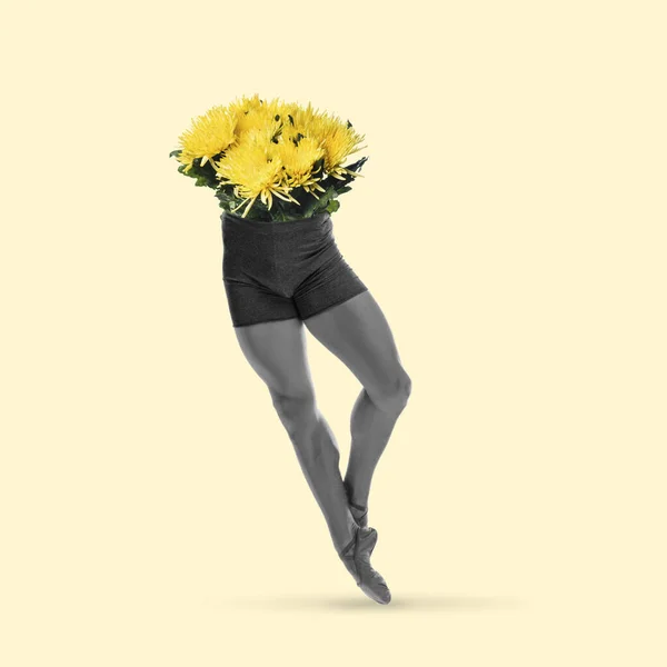 Samtida konstcollage, design. Inspiration, idé, fantasi, tidningsstil. Man graciösa balett dansare ben och bukett av gula blommor på ljus bakgrund — Stockfoto