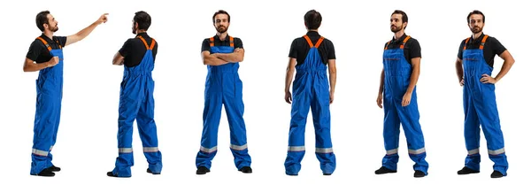 Profile, front and back view of man, male auto mechanic in dungarees standing alone isolated on white background. Concept of labor, occupation — Stock Photo, Image