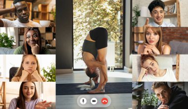 Çevrimiçi spor eğitimlerini izleyen bir grup genç, erkek ve kadın, video uygulaması kullanarak dersler. Bilgisayar, spor koçu ve izleyicisi olan laptop ekranı, hayranlar..