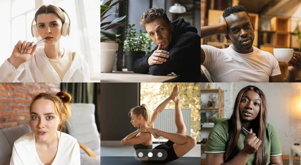Mladí multietničtí lidé, muži a ženy sledující online tréninky jógy, lekce pomocí videoklipu. PC, monitor notebooku s fitness trenérem — Stock fotografie