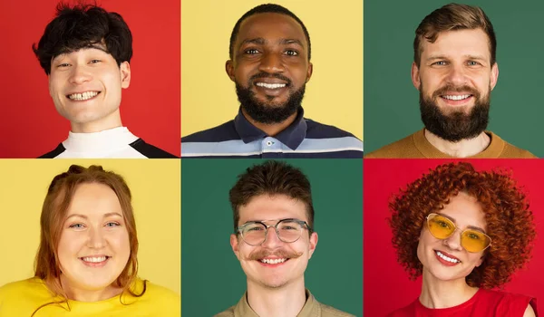 Colagem de grupo de jovens multiétnicos em fundo multicolorido. Conceito de emoções, expressões faciais. — Fotografia de Stock