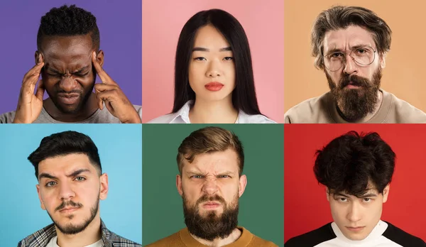 Collage di gruppo di giovani multietnici su sfondo multicolore. Concetto di emozioni, espressioni facciali. — Foto Stock