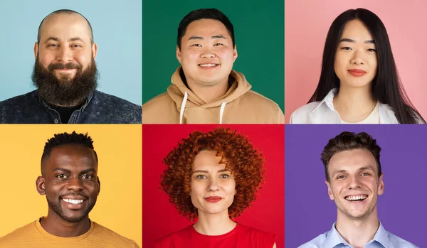 Collage einer Gruppe multiethnischer junger Menschen vor buntem Hintergrund. Konzept von Emotionen, Mimik. — Stockfoto