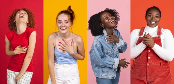Vier jonge gelukkige meisjes, multi-etnische modellen lachen geïsoleerd op veelkleurige achtergrond. Concept van emoties, gezichtsuitdrukkingen. Collage — Stockfoto