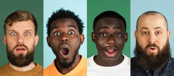 Close-up images of group of multiethnic young men with shocked emotions on multicolored background. Concept of unity, diversity and facial expressions. Collage — Stock Photo, Image