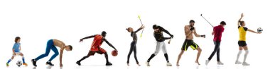 Spor kolajı. Karışık yaşlarda sporcular, tenis, futbol, futbol oyuncuları, eylem halindeki basketbol oyuncuları beyaz stüdyo arka planında izole edilmiş..
