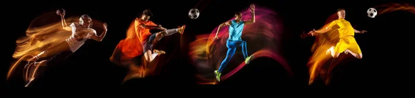 Collage d'images de footballeurs professionnels et de footballeurs américains en mouvement et en action isolés sur fond sombre en néon lumière mixte. — Photo