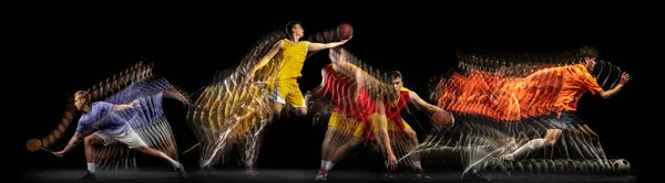 Kolaż obrazów profesjonalnego koszykarza i tenisisty w ruchu odizolowany na ciemnym tle z efektem stroboskopu. — Zdjęcie stockowe