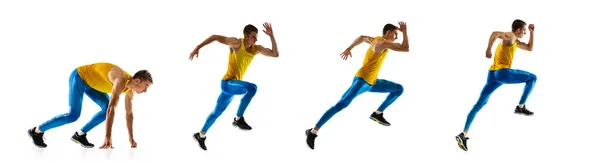 Colagem. Um atleta masculino profissional caucasiano, treinando corredor isolado em fundo de estúdio branco. Homem musculoso, desportivo. — Fotografia de Stock