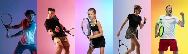 Collage di immagini di sportivi di età mista, tennisti maschi e femmine che posano isolati su sfondo colorato in luce al neon. — Foto Stock