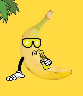 Funny cartoony banana drinking lemonade at summer vacation isolated over yellow background. Drawn fruit in cartoon style. Vitamins, healthy lifestyle. clipart