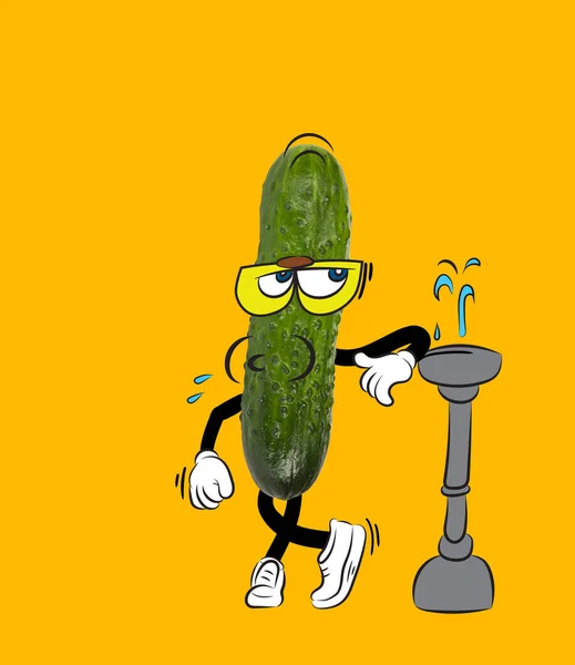 Sarı arka planda izole edilmiş küçük adam gibi komik yeşil salatalıklar. Çizgi film tarzında sebze çizilmiş. Vitaminler, sağlıklı yaşam tarzı.. — Stok fotoğraf