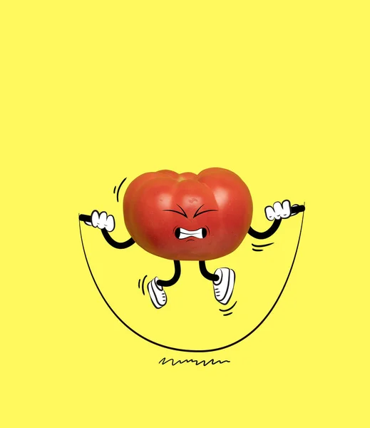 Sanat eserleri. Sarı arka planda izole edilmiş komik kırmızı domates atlama ipi. Çizgi film tarzında sebze çizdim. Vitaminler, sağlıklı yaşam tarzı.. — Stok fotoğraf