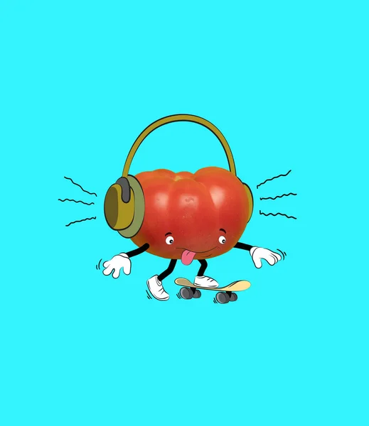 Ilustração. Engraçado bonito tomate vermelho ouvir música isolada sobre fundo azul. Legumes desenhados em estilo cartoon. Vitaminas, estilo de vida saudável. — Fotografia de Stock