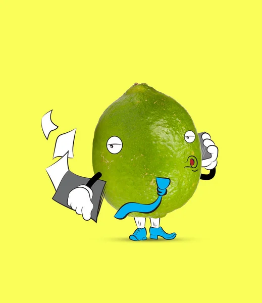 Contemporary collage. Funny cute green lime talking on phone isolated over yellow background. Drawn citrus in a cartoon style.