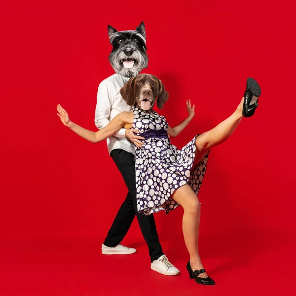 Contemporary art collage. Inspiration, idea, trendy urban magazine style. Young man and woman headed with dogs heads dancing isolated over red background — Stock Photo, Image