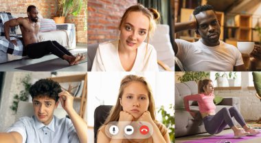 Video uygulaması kullanarak online spor eğitimlerini izleyen genç kadın ve erkeklerden oluşan kolaj. Bilgisayar, spor koçu olan laptop ekranı