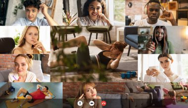 Video uygulaması kullanarak online spor eğitimlerini izleyen genç kadın ve erkeklerden oluşan kolaj. Bilgisayar, spor koçu olan laptop ekranı