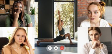 Yoga dersi çevrimiçi. Çevrimiçi spor eğitimleri izleyen çok ırklı genç kadınlar, video uygulaması kullanarak dersler. Bilgisayar, spor koçu olan laptop ekranı
