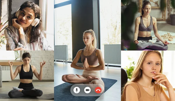 Yoga class online. Young multiethnic women watching online sport trainings, lessons using video app. PC, laptop screen with fitness coach