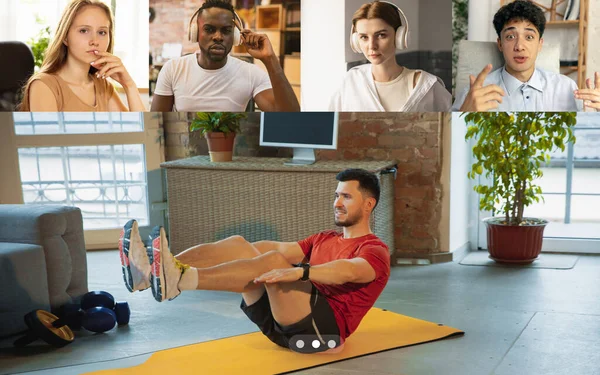 Collage gemaakt van jonge multi-etnische mannen en vrouwen kijken online sport trainingen, met behulp van video app. PC, laptop scherm met fitness coach — Stockfoto