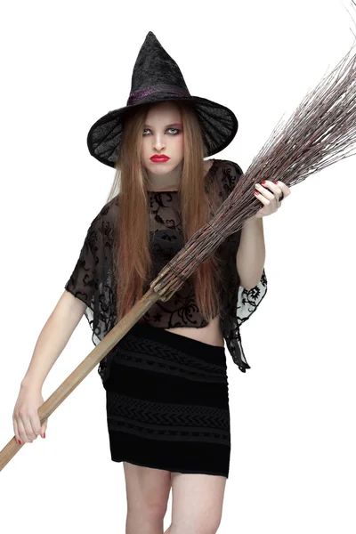 Girl in witch costume with a broom. 2 — Stock Photo, Image