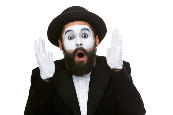 Portrait of the surprised and joyful mime with open mouth — Stock Photo, Image