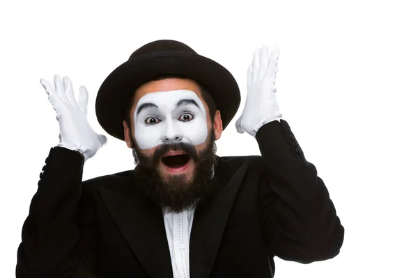 Portrait of the surprised and joyful mime with open mouth — Stock Photo, Image