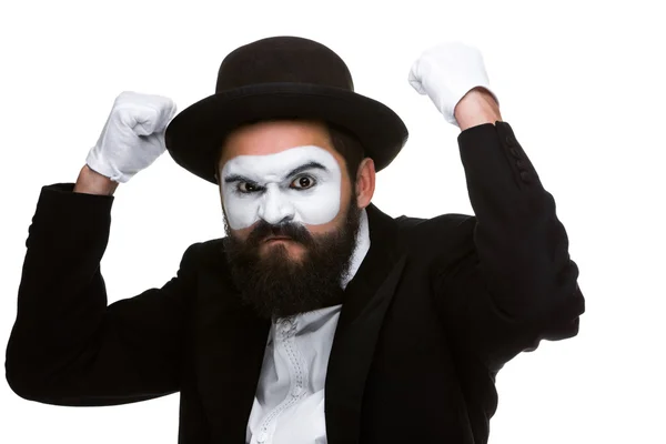 Portrait of a man with raised fists in makeup mime — Stock Photo, Image