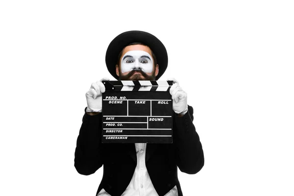 Homem na imagem mímica com placa de filme — Fotografia de Stock