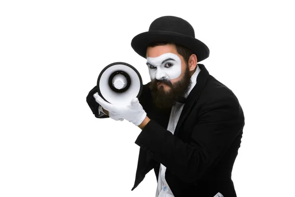 Mime as business man with a megaphone — Stock Photo, Image
