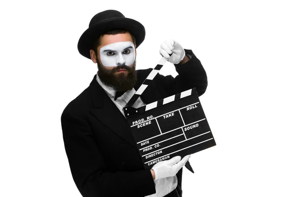 Homem na imagem mímica com placa de filme — Fotografia de Stock