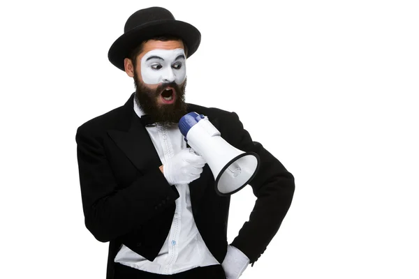Pantomime als Geschäftsmann mit Megafon — Stockfoto
