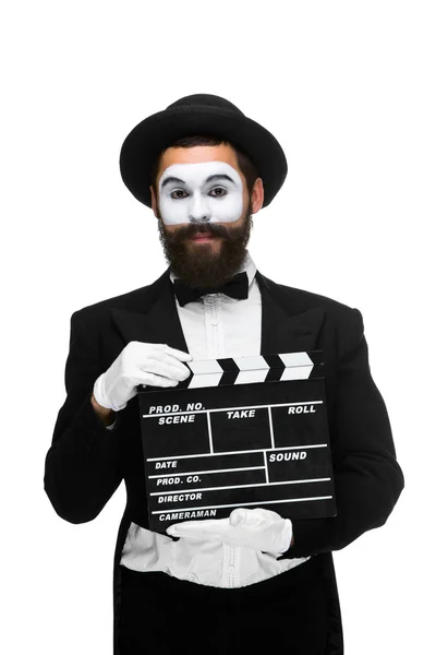 Man in de afbeelding mime met film board — Stockfoto