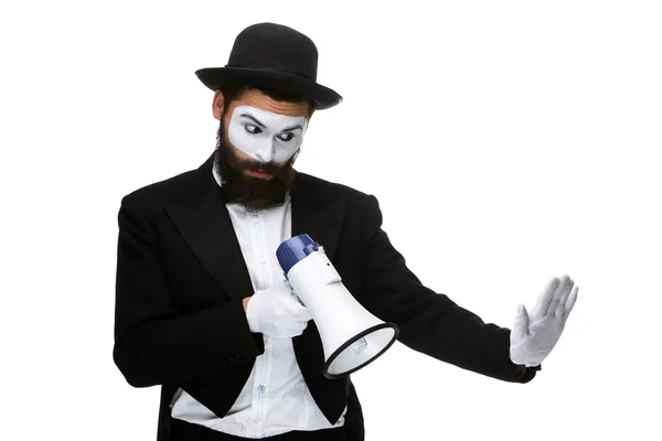 Man with a face mime screaming into megaphone — Stock Photo, Image