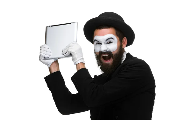 Mime as a businessman crushing computer parts in rage — Stock Photo, Image