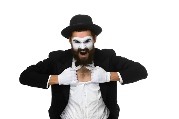 Mime as a businessman tearing his shirt off — Stock Photo, Image