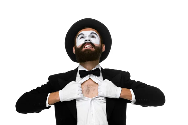 Pantomime als Geschäftsmann, der sich das Hemd vom Leib reißt — Stockfoto